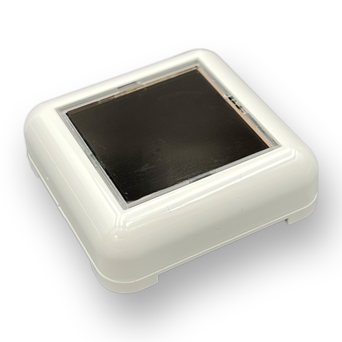 EnOcean EnoSense® WALL+DESK wireless sensor in a white housing, shown at an angle from above with the solar cell visible
