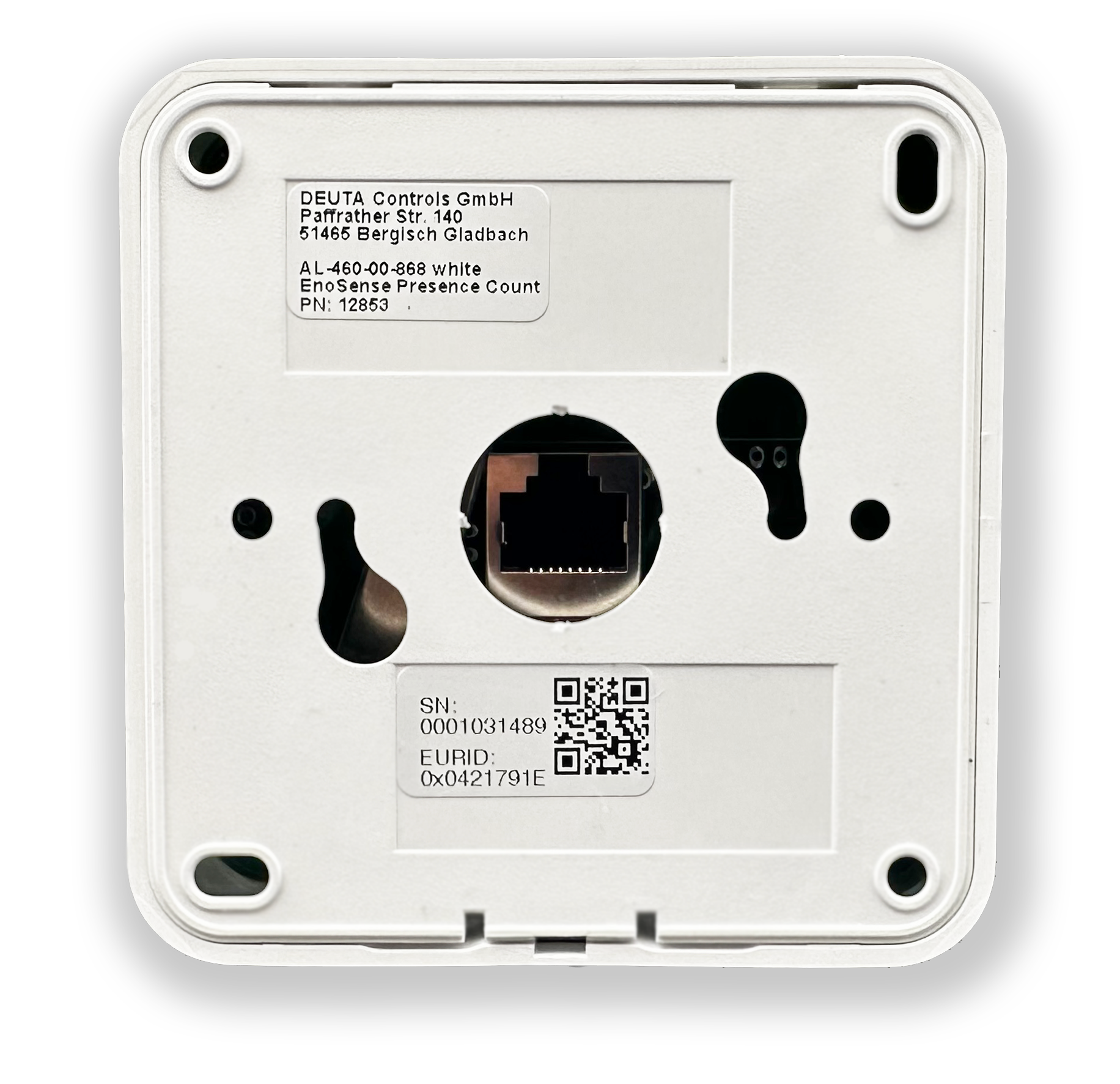 Wireless EnOcean Sensor EnoSense DESK im glänzend weissen Gehäuse, von der Untersteite mit beiden PIR Blenden für rechts und links, nicht montiert