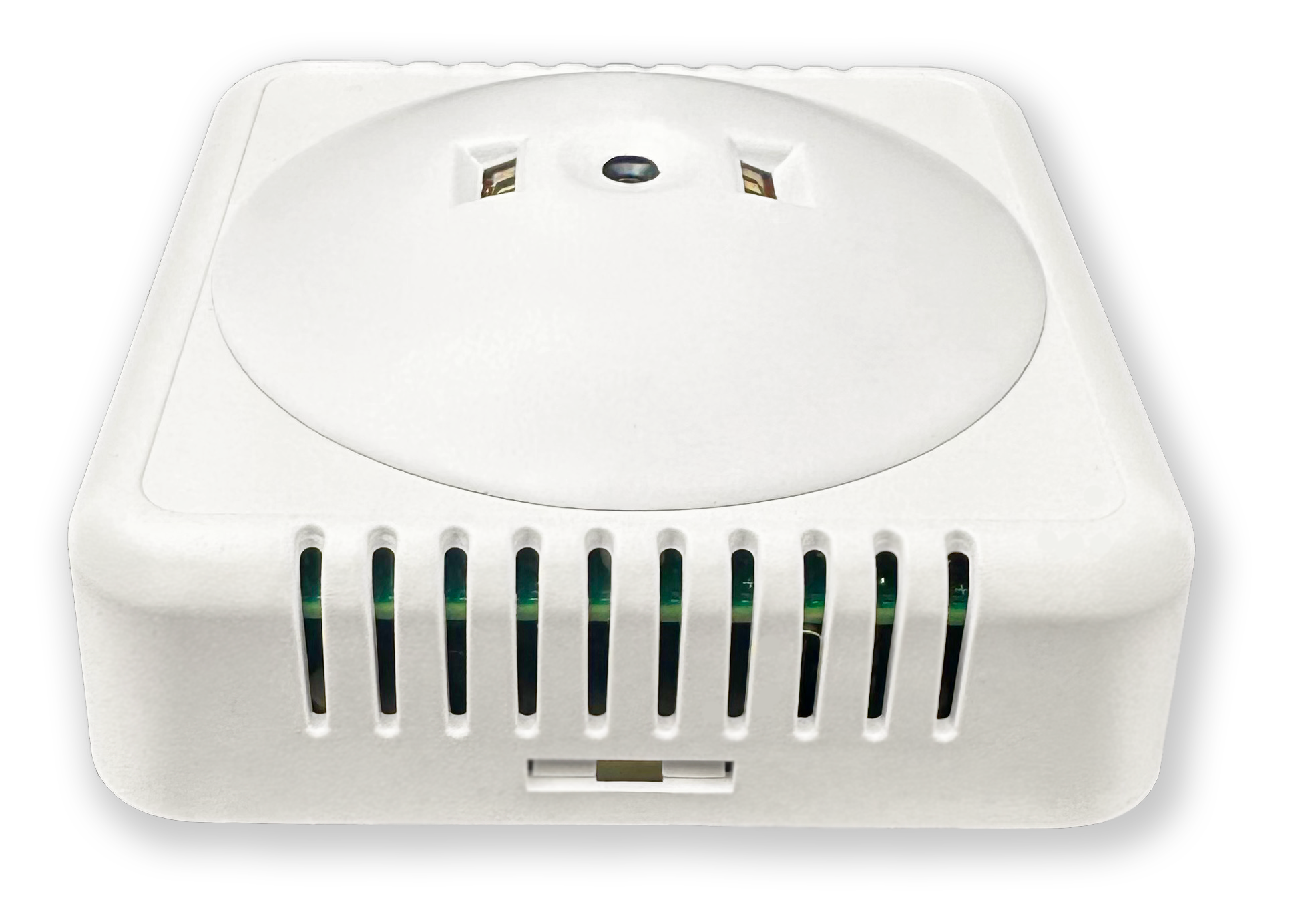 Wireless EnOcean Sensor EnoSense DESK im glänzend weissen Gehäuse, von der Untersteite mit beiden PIR Blenden für rechts und links, nicht montiert